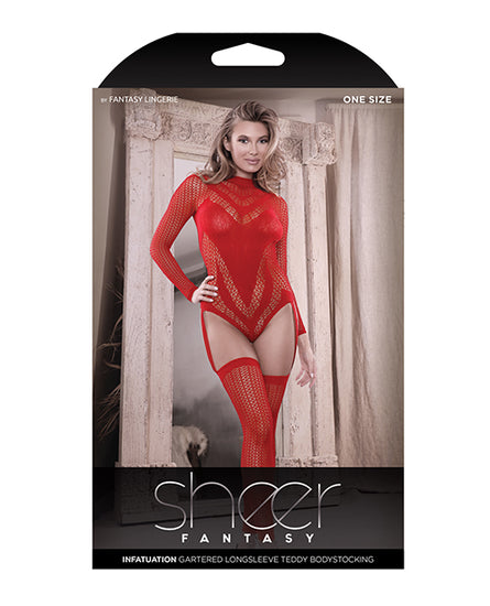 Sheer Infatuation Long Sleeve Teddy w/Attached Footless Stockings Red O/S - Empower Pleasure