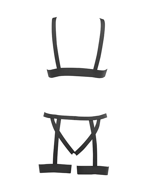 Kitten Teaser Strappy Open Cup Bra & Open Panty w/Leg Straps Black O/S - Empower Pleasure