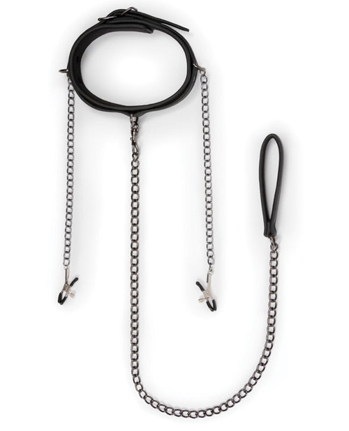 Easy Toys Faux Leather Collar with Nipple Chains - Black - Empower Pleasure