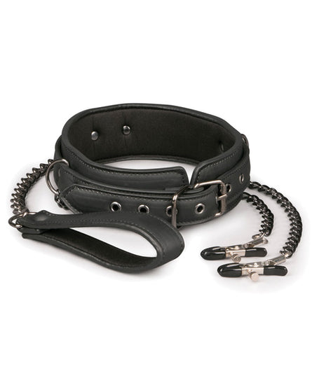 Easy Toys Faux Leather Collar with Nipple Chains - Black - Empower Pleasure