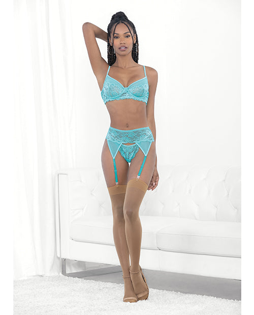 Lace & Mesh Underwire Bra, Garterbelt & G-String Malibu Blue SM - Empower Pleasure