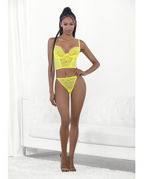 Neon Lace Corset Top w/Ring Accent & Panty Neon Lime LG - Empower Pleasure