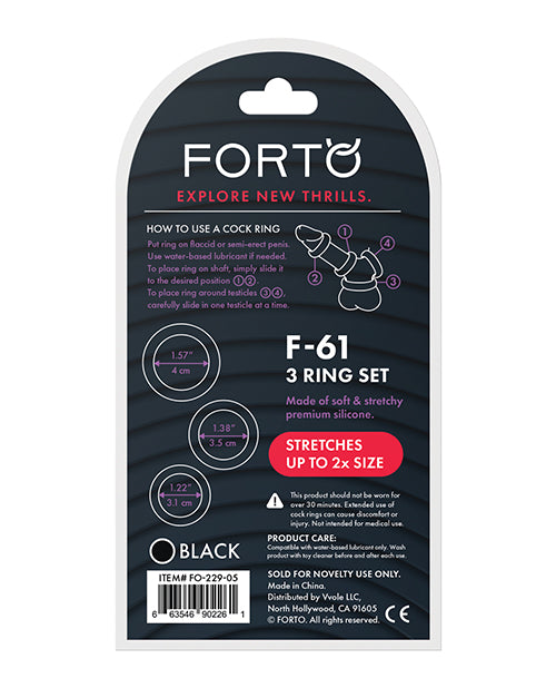 Forto F-61 Liquid 3 Piece Cock Ring Set - Black - Empower Pleasure