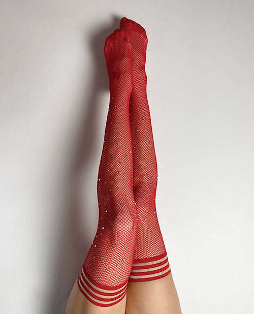 Kix'ies Joely Fishnet Rhinestone Thigh High Red A - Empower Pleasure