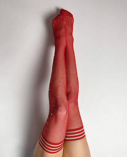 Kix'ies Joely Fishnet Rhinestone Thigh High Red B - Empower Pleasure