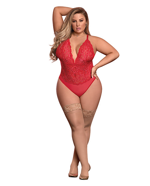 Risqué Business Lace & Mesh Teddy w/Snap Crotch Red QN - Empower Pleasure