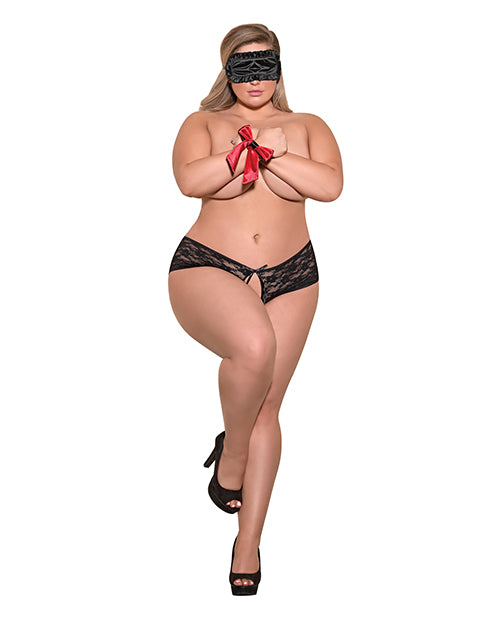 Love & Bondage Split Back Lace Booty Short, Blindfold & Wrist Ties Black QN - Empower Pleasure