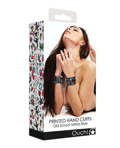 Shots Ouch Old School Tattoo Style Printed Hand Cuffs- Black - Empower Pleasure