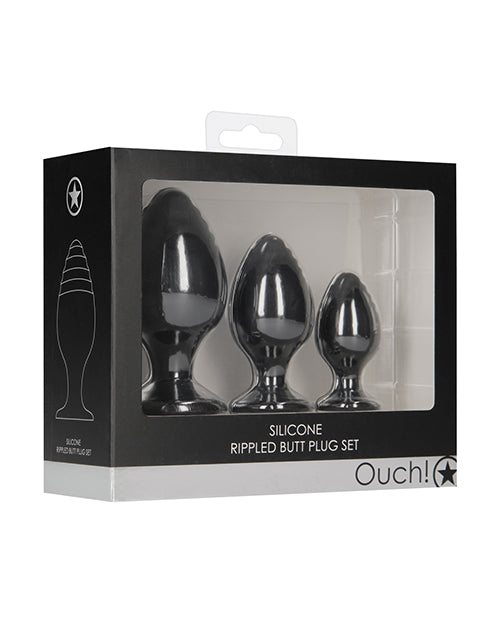 Shots Ouch Rippled Butt Plug Set - Black - Empower Pleasure