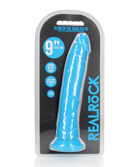 Shots RealRock 9" Slim Dildo Glow in the Dark - Neon Blue - Empower Pleasure